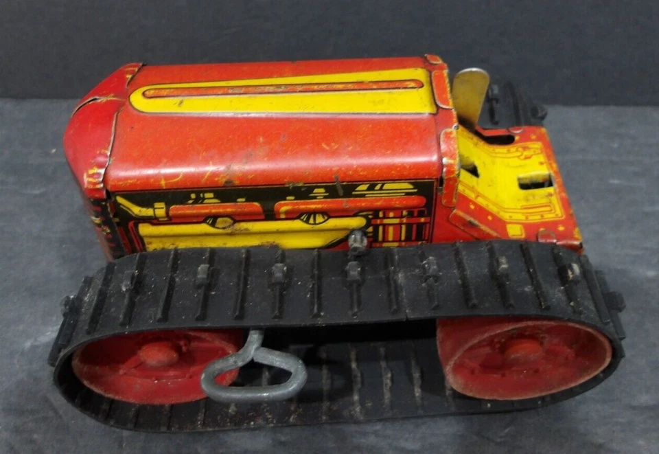 "Tractor sobre orugas Marx Wind-up estaño años 50 rojo y amarillo 5"" sin conductor" Foto 2 de 4