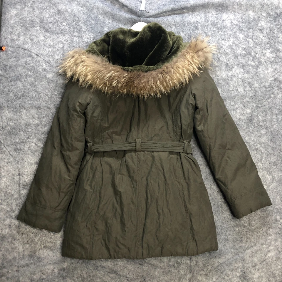Abrigo VINCE Mujer M Verde Oliva Puffer Chaqueta Piel Capucha Abajo Aislado Parka Cinturón Foto 2 de 4