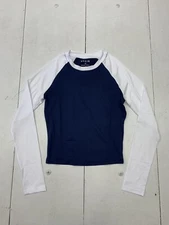 Shein Womens Dark Blue White Long Sleeve Crop Shirt Size XS