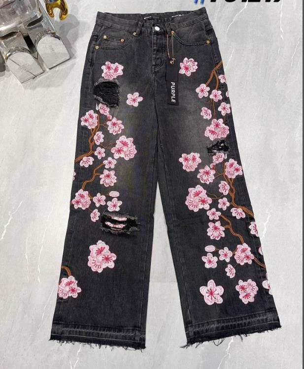 Men's Black Denim Black Jeans Straight Leg Floral Embroidery