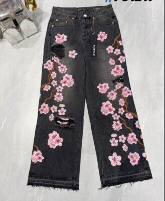 Men's Black Denim Black Jeans Straight Leg Floral Embroidery