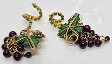 Lunch At The Ritz Pierced Earrings Purple Grapes Tendril Leaf Australian Crystal