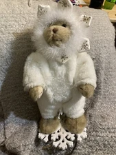 Adorable White Plush Snow Bear 15.5” Figurine Decor on Snowflake Base Christmas