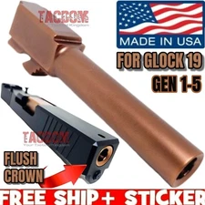 ROSE COPPER GOLD TARGET FLUSH CROWN Barrel for GL0CK 19 Stainless 1/10 TWIST 9mm