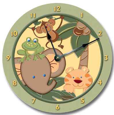 Nursery Wall Clock ZOO JUNGLE - includes Tiger, Elephant, Monkey, Frog