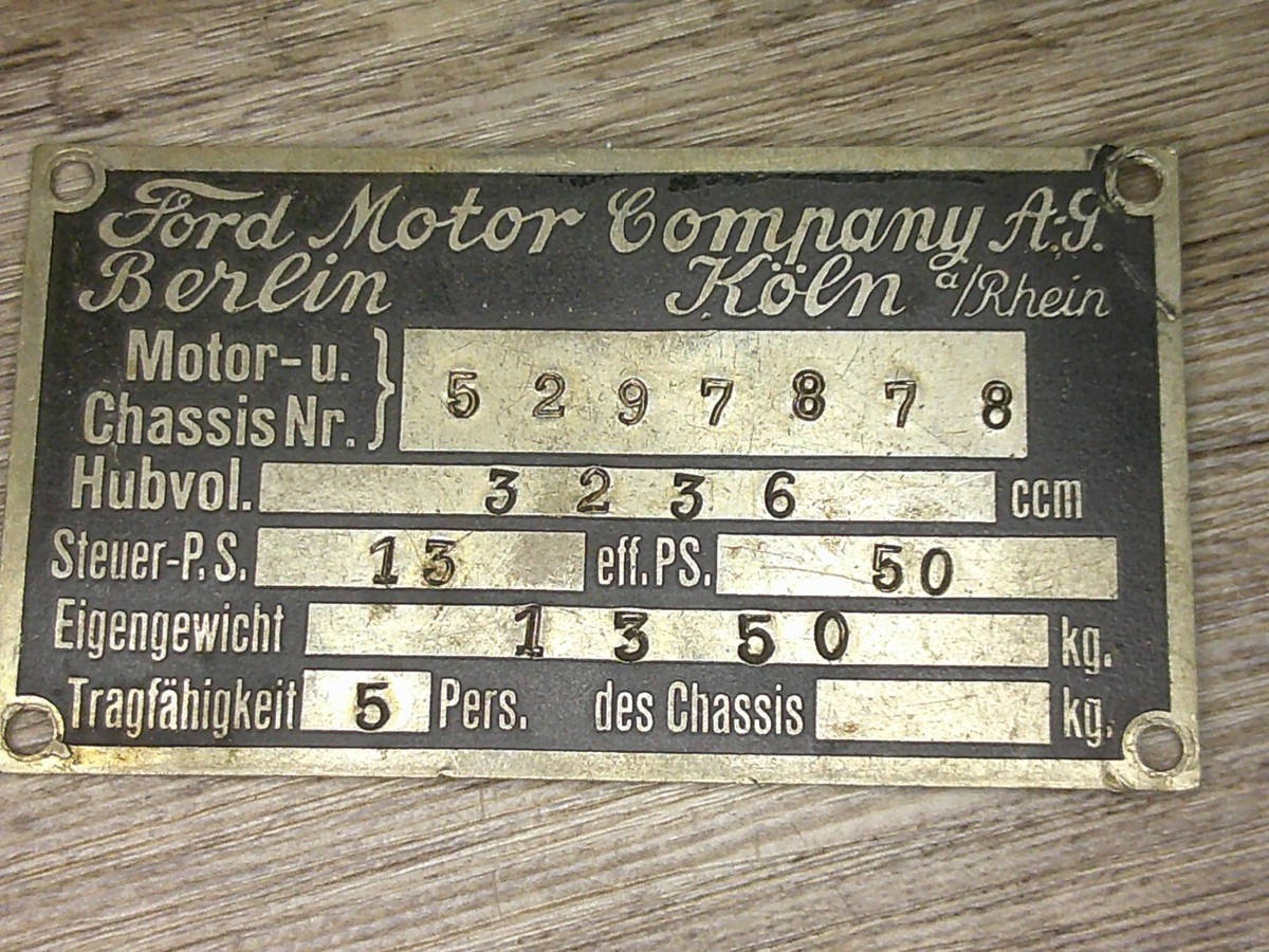 Ford Motor co. vin tag vehicle identification from German car