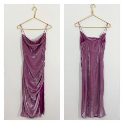Mable Clothing Isa Purple Sequin Cowl Neck Draped Midi Dress Front Slit