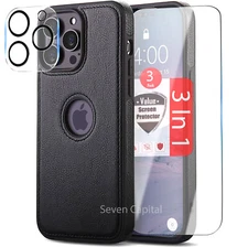 For iPhone 14 Plus 13 12 11 Pro Max Leather Case Cover + Screen & Lens Protector