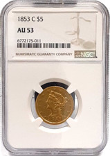 1853-C Liberty $5 Half Eagle Gold Coin NGC AU-53  Scarce Charlotte Coin!