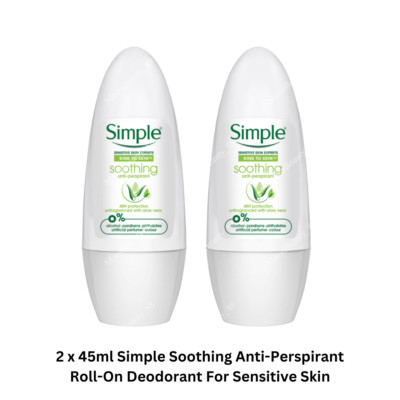 2 x 45ml Simple Soothing Anti-Perspirant Roll-On Deodorant For Sensitive Skin