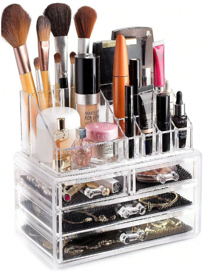 Organizador de maquillaje cosmético acrílico de 2 piezas y cajón de joyas caja de almacenamiento vitrina