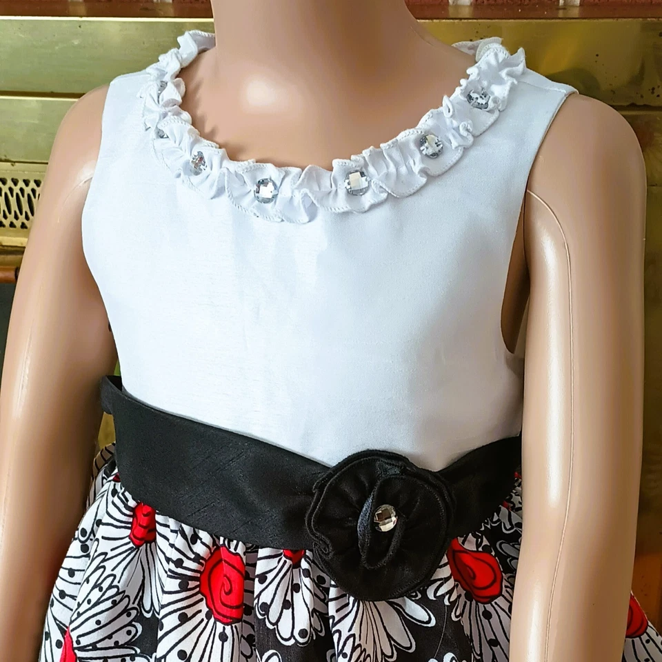 Vestido Floral Rojo Negro Margarita 5 Princesas Americanas Niñas Sin Mangas Volantes Cuello Foto 4 de 4