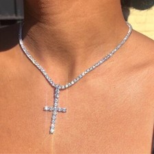 Cross Tennis Necklace, Cubic Zirconia Crucifix, CZ Bling Luxury Ice Out