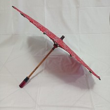 Parasol Art Deco Red Colorful w/ Bakelite Cherry Handle Wooden Shaft VTG 30s