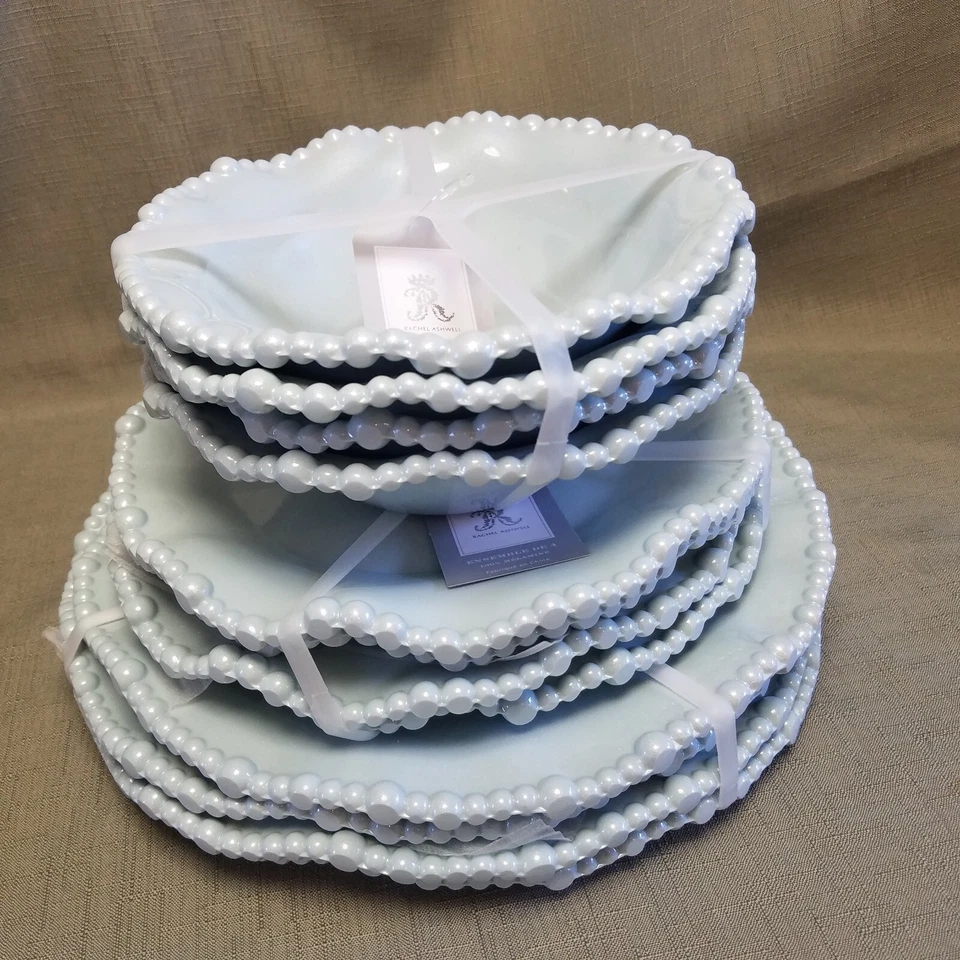 12 piezas Cena, platos de ensalada y cuencos de melamina con perlas festoneadas Rachel Ashwell ¡NUEVO! Foto 3 de 4