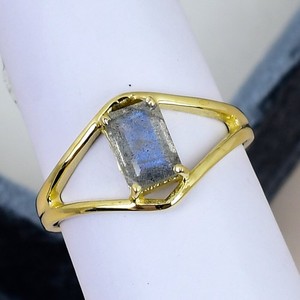 Authentic Natural Labradorite Ring Brass Gold Plated Rectangle Minimalist Gift Women
