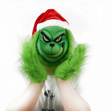 Premium Grinch Christmas Mask Hat FullHead Cosplay Costume W/Furry GloveSet EVIL