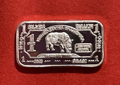 Solid Silver 1 Gram Ingot With Rhino Design! Fine .999 Silver! 2-Sided!