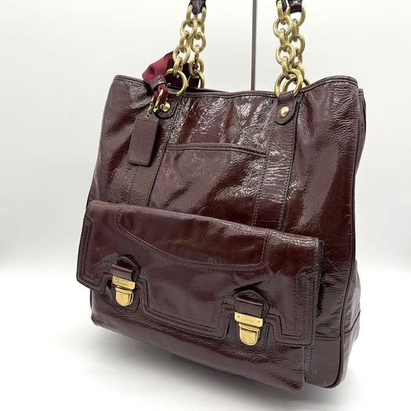 COACH Tote bag Poppy Chain Enamel Wine Red Simple Used Y2K Casual Designer