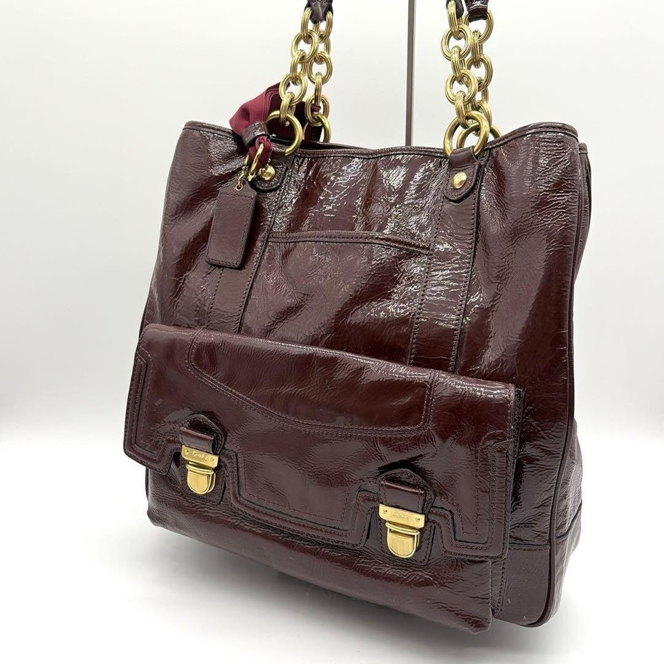 COACH Tote bag Poppy Chain Enamel Wine Red Simple Used Y2K Casual Designer