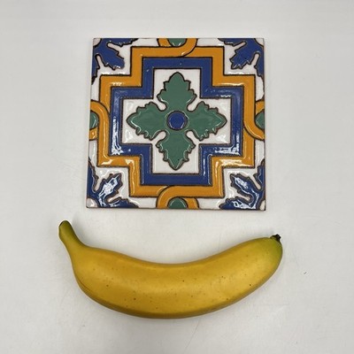 TAU Spain Terracotta Trivet Tile Hand Painted Geometric Vintage Stamped 6X6''