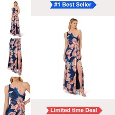 One Shoulder Chiffon Gown Floor Length Sleeveless Formal Dress Navy Blush Fit