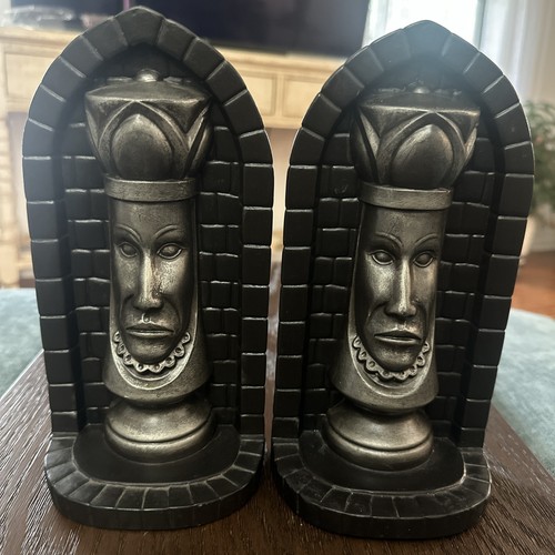 Vintage King Chess Piece Bookends Glazed Ceramic Decor Black Silver Gray