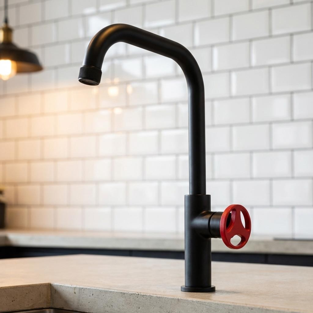 Industrial Style Tall Kitchen Tap Black with Red Handle