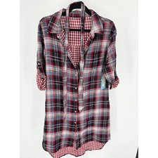 Raison D'etere Womens Sz M Tunic Length Shirt Dress Plaid Button Up NEW