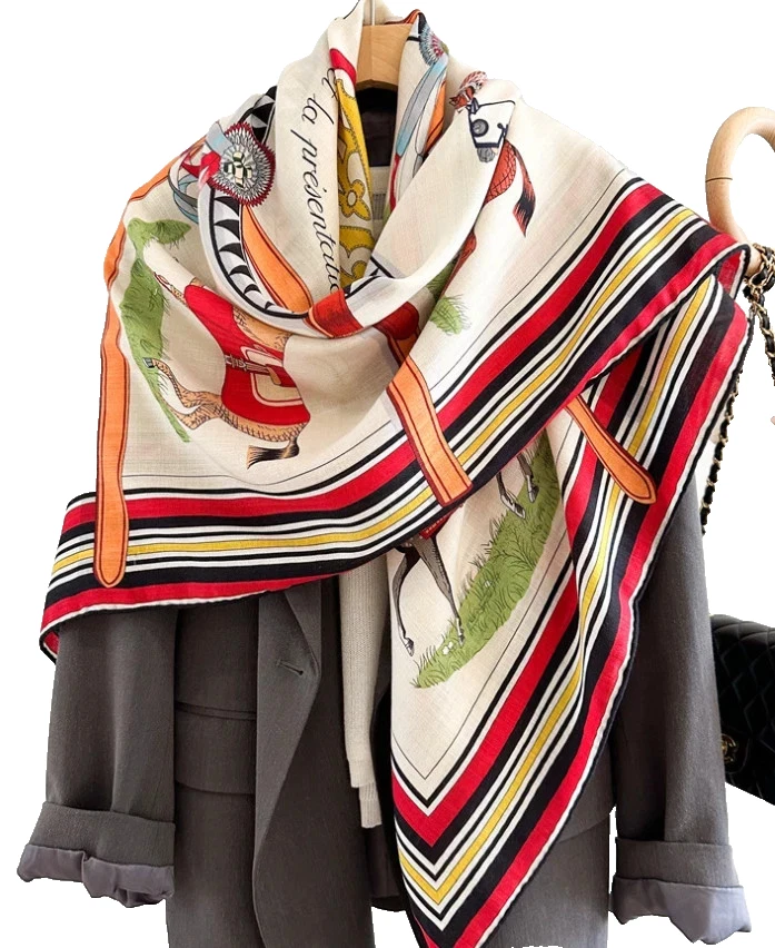 51"x51"Red Ten Horse Print 70%Wool 30%Silk Thin Scarf Shawl 130x130cm5-101