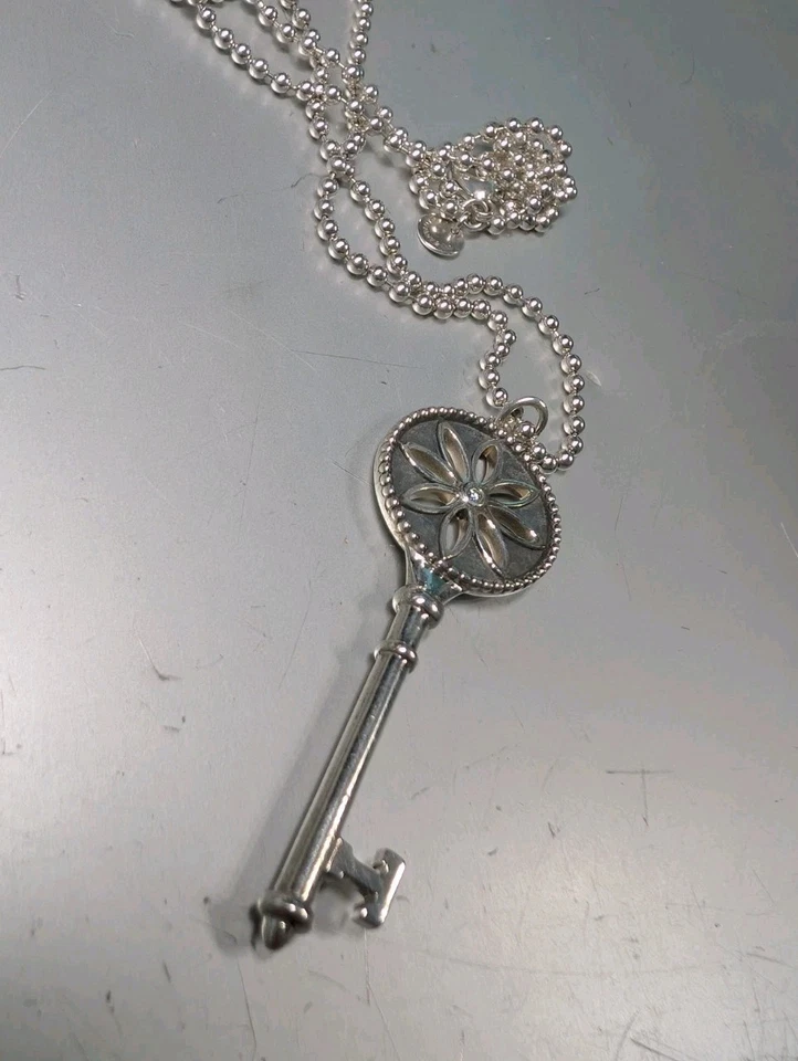  Tiffany & Co. 925 Sterling Diamond Daisy Key Pendant Beaded Necklace 30" W/ Box - Image 2 of 4