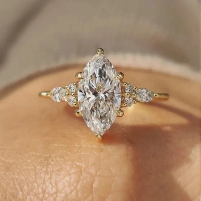 10K Solid Yellow Gold Marquise Cut Moissanite Certified Engagement Wedding Ring