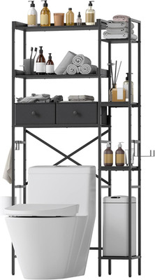 7-Tier Black Over Toilet Storage Rack with Adjustable Shelves & Hooks