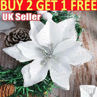 E-BESTDEAL 10X Christmas Large Poinsettia Glitter Flower 13CM Tree Hanging Party Xmas Decor