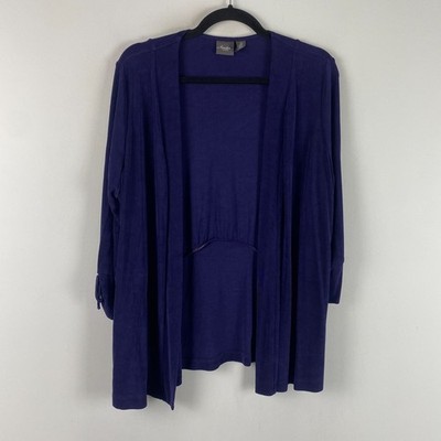 Chicos Travelers Open Front Cardigan Size 2 US L Slinky Knit Purple 3/4 Sleeves
