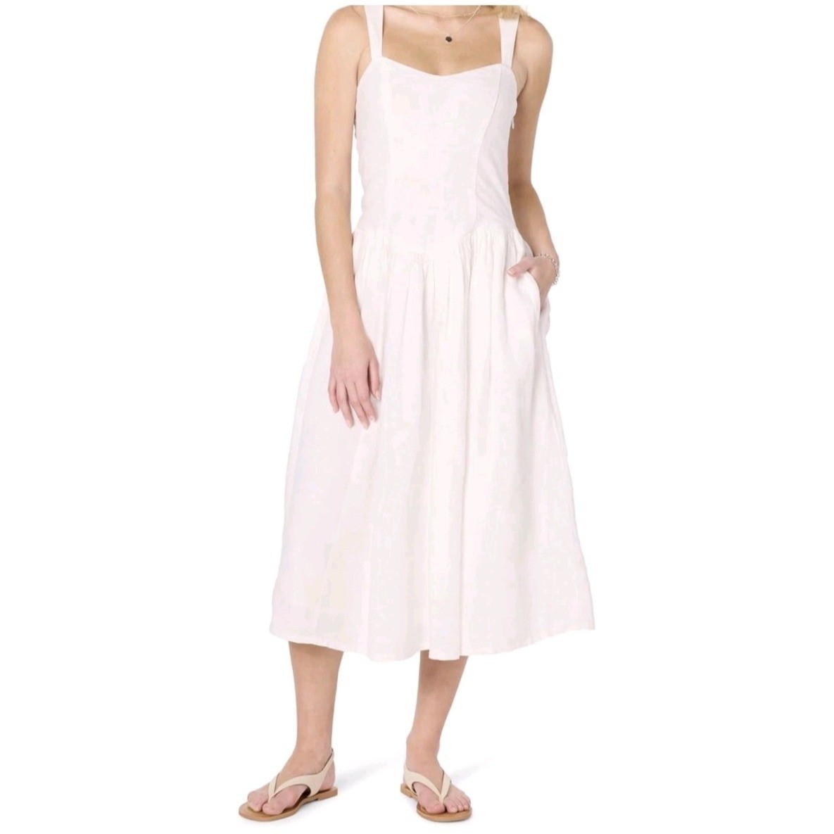 The Drop Balu Feminine Shaped Waist Midi Dress Linen Large White Sundress