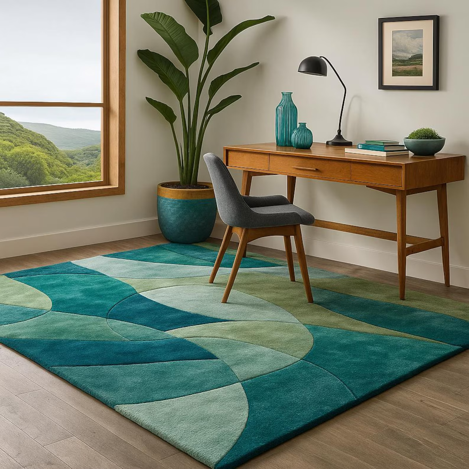 Modern Abstract Teal Green Area Rug for Living Room | Hand-Tufted Wool Carpet