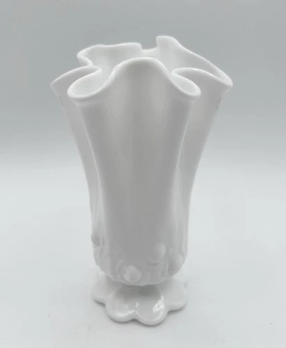 Vintage Fenton Milk Glass Swung Handkerchief  Vase Raised Roses White Small 6"