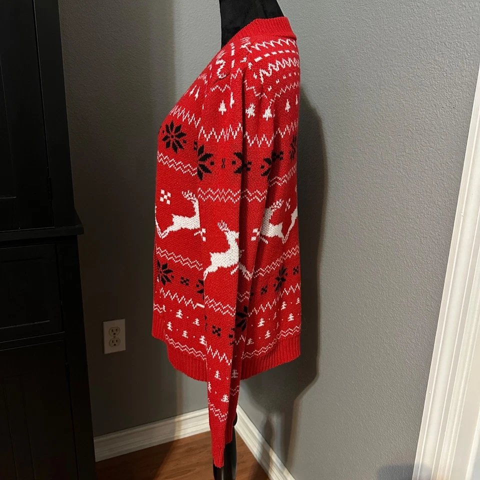 Cardigã de Natal masculino suéter feio médio vermelho rena floco de neve botão para cima - Imagem 3 de 4