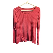 Women's Ribbed Knit Long Sleeve Top Size L Pink Polyester Spandex Blouse