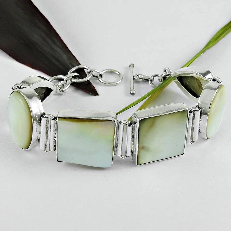 Christmas Gift Natural Mother Of Pearl Ethnic Bracelet 925 Sterling Silver C13 - Image 3 of 4