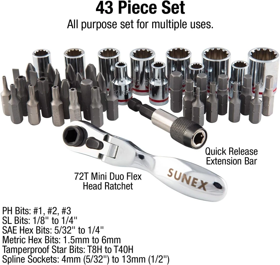 Suu 9732 44pc 1/4" Dr Mini Dual Flex Head Ratchet W/ Socket & Bit Set - Image 2 of 4