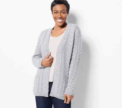 Aran Craft Merino Wool Open Front Cardigan Sweater-Gray-Petite