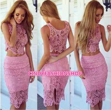 2015 New Women Sexy Sleeveless Round Neck Lace Stitching Two-Piece Dress USA
