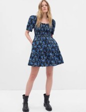 GAP NWT Women's Puff Sleeve Smocked Mini Dress - Blue Ditsy Floral -Size X Large