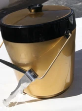 Vintage Gold and Black Thermo-Serv Ice Bucket West Bend MCM Made in USA w Tongs