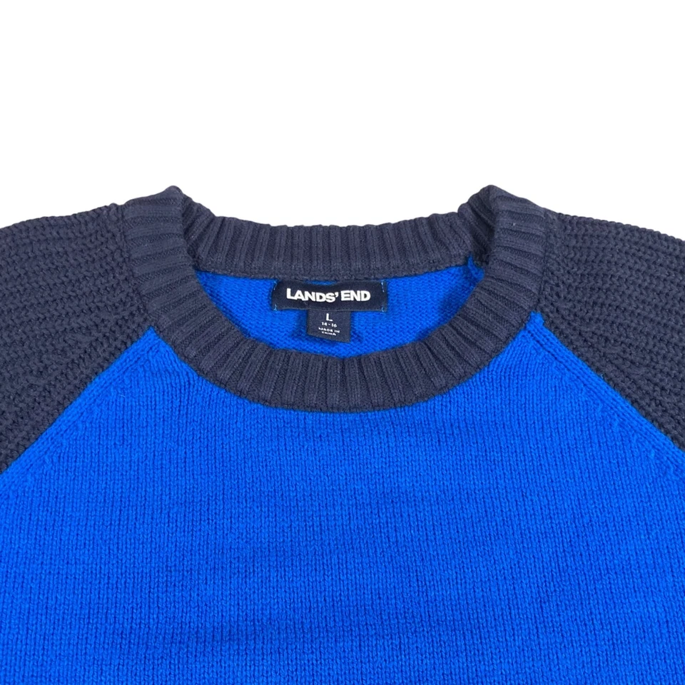 LANDS' END 男孩针织皇家蓝色和海军蓝套衫长袖毛衣 L 14-16 — 第 3/4 张图片