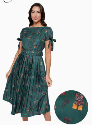 Cat Print Dress Lindy Bop Green Kitten Print Midi Dress BNWT Size 14 Kitsch Kit