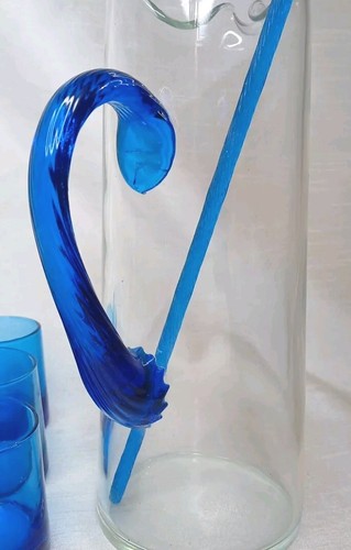 MCM 8 Piece Cocktail Beverage Bar Set Handblown Blue Clear 10.25" - Picture 10 of 14