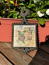 Enesco Cast Iron Tile Trivet Rooster Birds Wall Decor Vintage Art Made in Japan